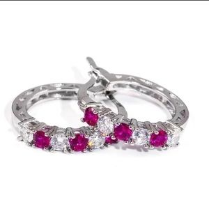 Women Small Hoop Pierced Earrings Clear Red Cubic Zirconia CZ Silver Tone NWOT
